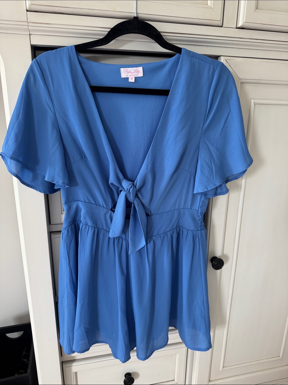 Pink Lily Blue Tie-Front Romper